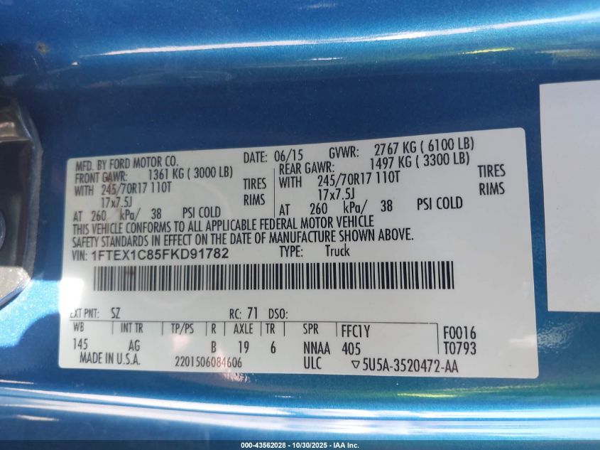 2015 Ford F-150 Xl VIN: 1FTEX1C85FKD91782 Lot: 43562028