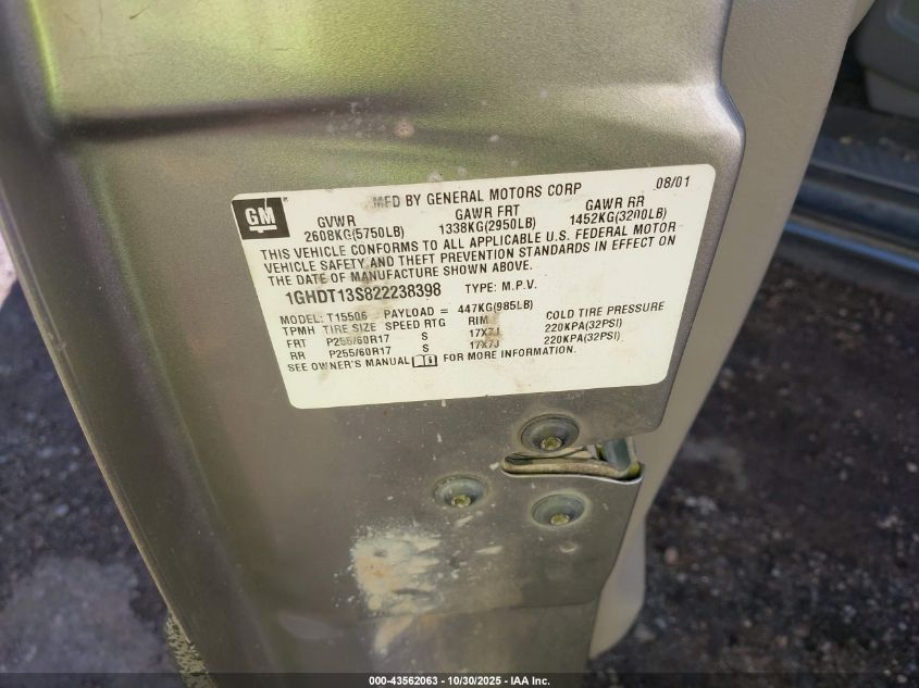 2002 Oldsmobile Bravada VIN: 1GHDT13S822238398 Lot: 43562063
