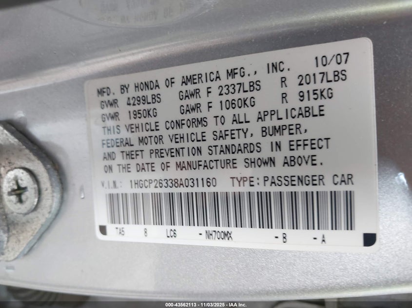 1HGCP26338A031160 2008 HONDA ACCORD photo no. 9