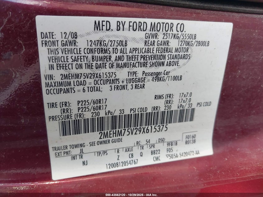 2009 Mercury Grand Marquis Ls (Fleet Only) VIN: 2MEHM75V29X615375 Lot: 43562120