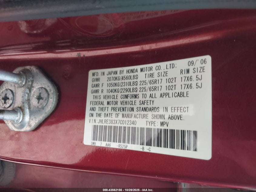 2007 Honda Cr-V Lx VIN: JHLRE383X7C012340 Lot: 43562156