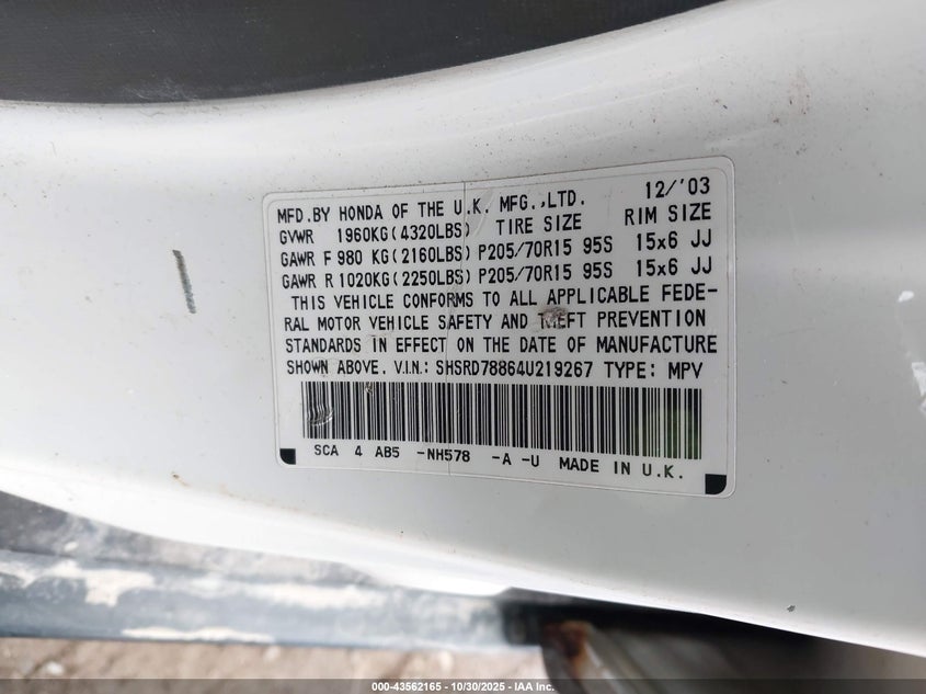 2004 Honda Cr-V Ex VIN: SHSRD78864U219267 Lot: 43562165