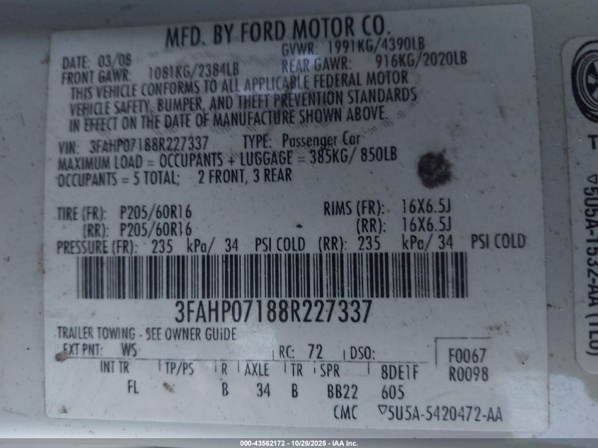 2008 Ford Fusion Se VIN: 3FAHP07188R227337 Lot: 43562172
