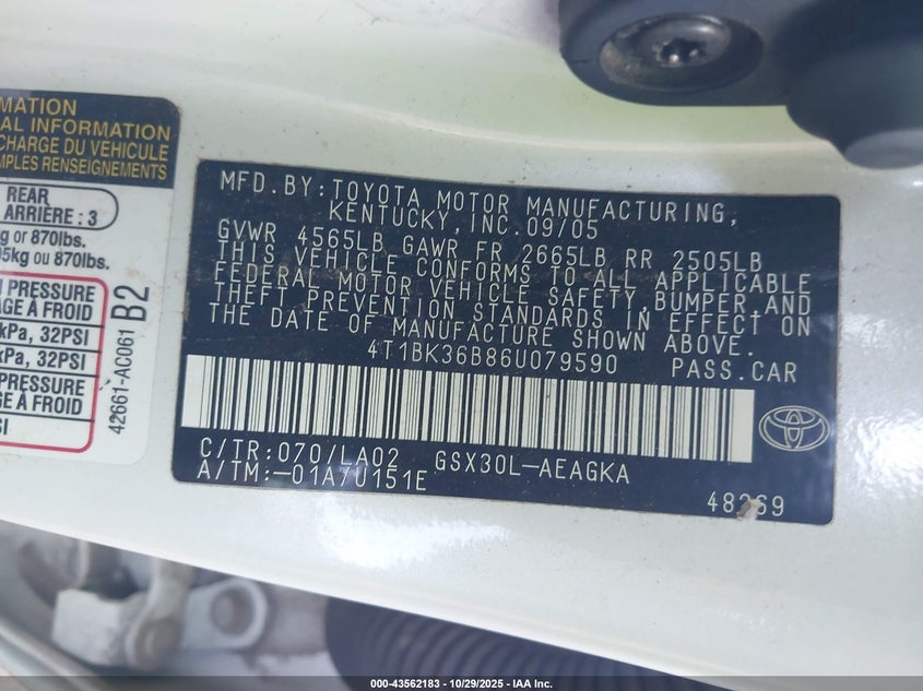 2006 Toyota Avalon Xls VIN: 4T1BK36B86U079590 Lot: 43562183