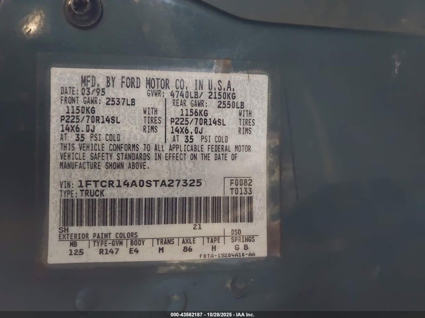 1995 Ford Ranger Super Cab VIN: 1FTCR14A0STA27325 Lot: 43562187