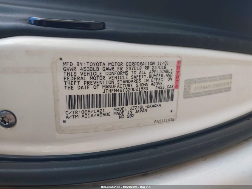 2002 Lexus Sc 430 VIN: JTHFN48Y320021830 Lot: 43562188