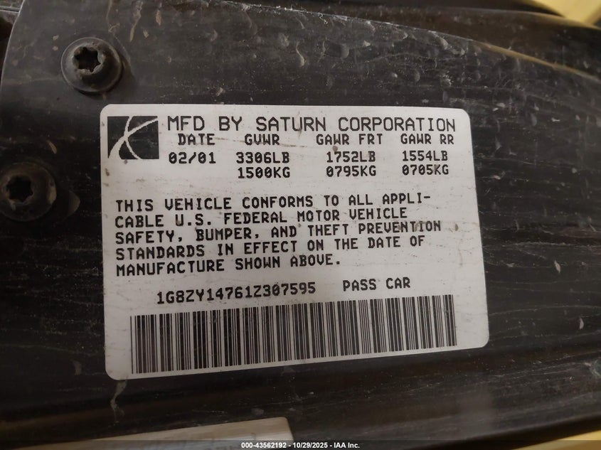2001 Saturn Sc2 VIN: 1G8ZY14761Z307595 Lot: 43562192