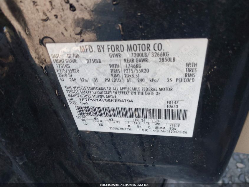 2008 Ford F-150 60Th Anniversary/Fx4/King Ranch/Lariat/Xlt VIN: 1FTPW14V88KE94794 Lot: 43562233