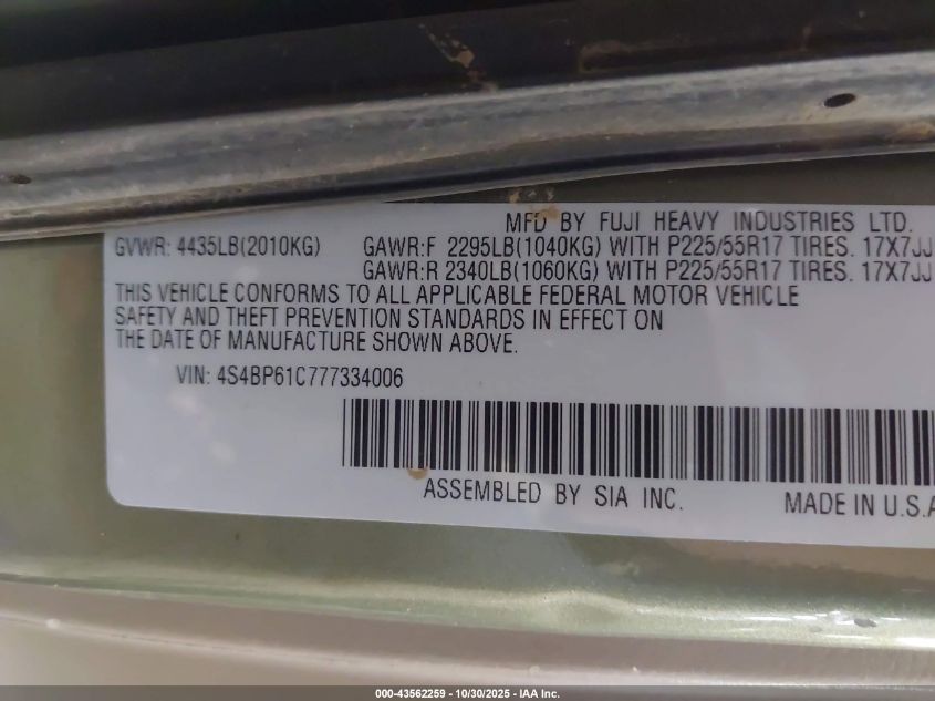 2007 Subaru Outback 2.5I VIN: 4S4BP61C777334006 Lot: 43562259