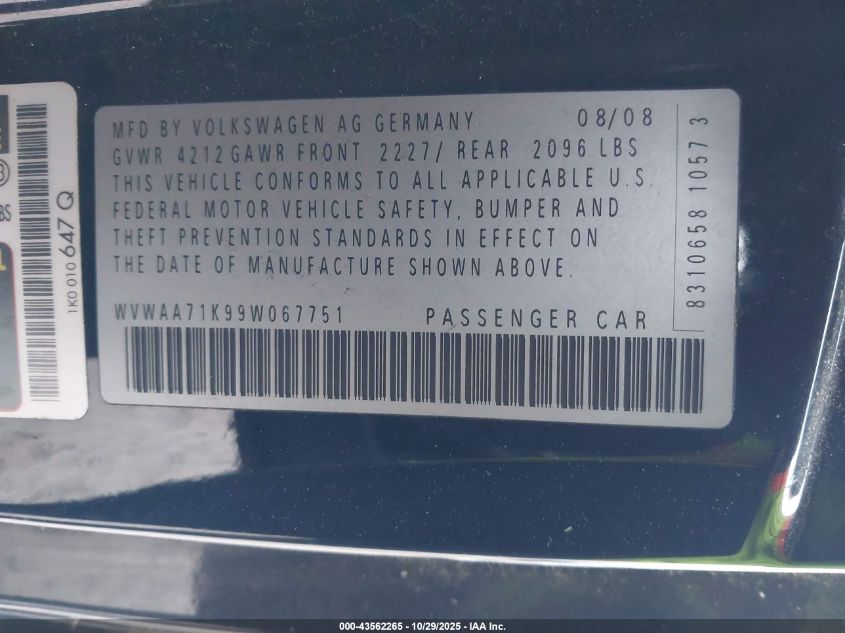 2009 Volkswagen Rabbit S VIN: WVWAA71K99W067751 Lot: 43562265