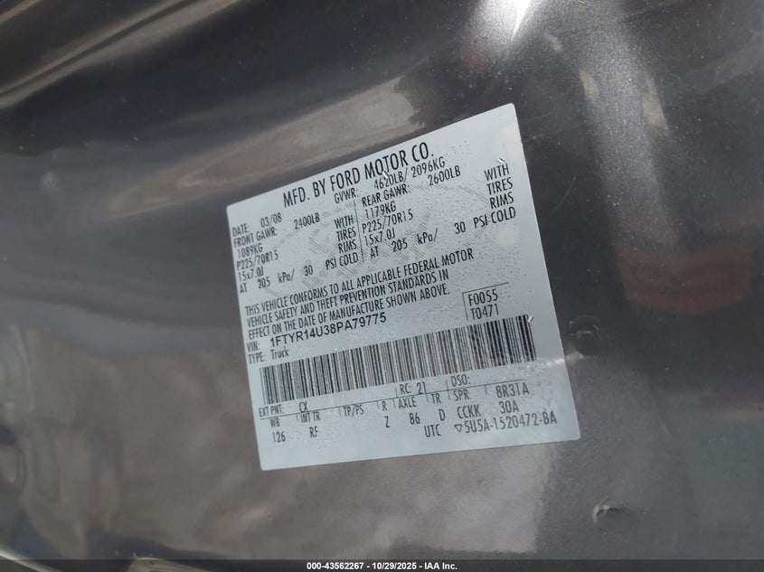 2008 Ford Ranger Sport/Xl/Xlt VIN: 1FTYR14U38PA79775 Lot: 43562267