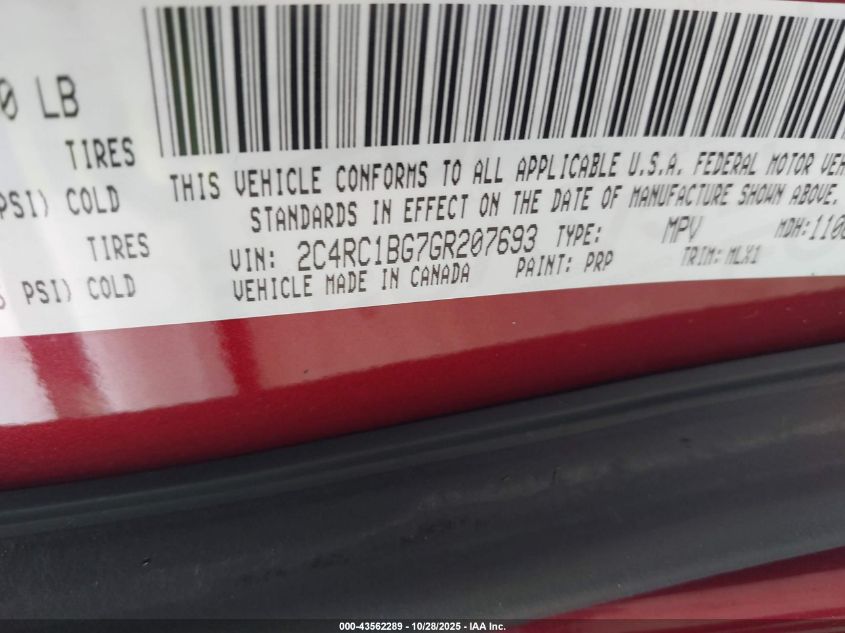 2016 Chrysler Town & Country Touring VIN: 2C4RC1BG7GR207693 Lot: 43562289