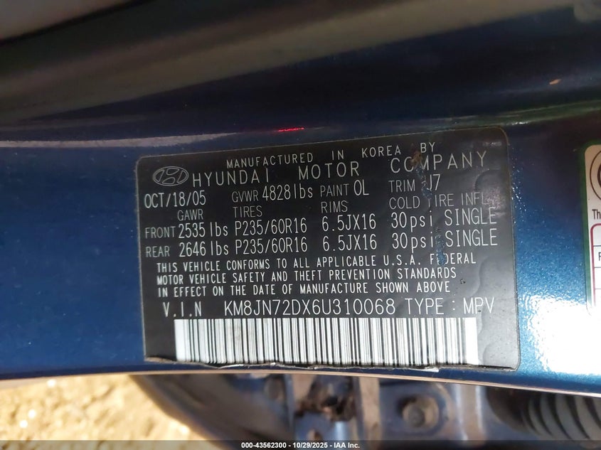 2006 Hyundai Tucson Gls/Limited VIN: KM8JN72DX6U310068 Lot: 43562300