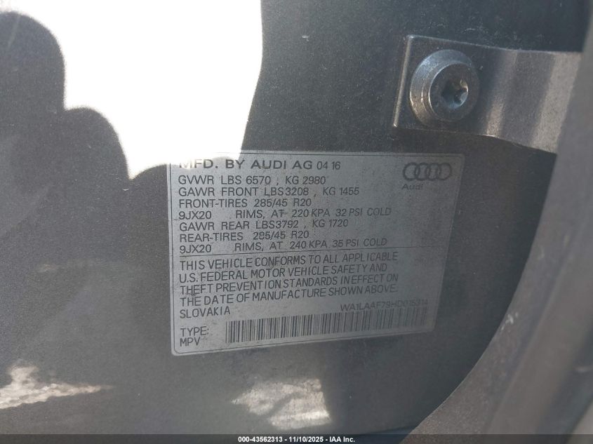 2017 Audi Q7 3.0T Premium VIN: WA1LAAF79HD016314 Lot: 43562313