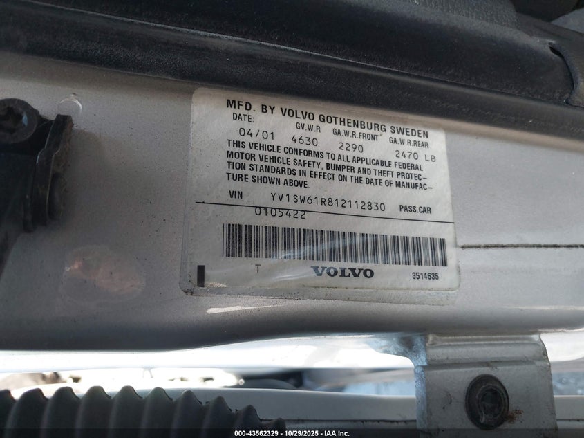 2001 Volvo V70 2.4 VIN: YV1SW61R812112830 Lot: 43562329