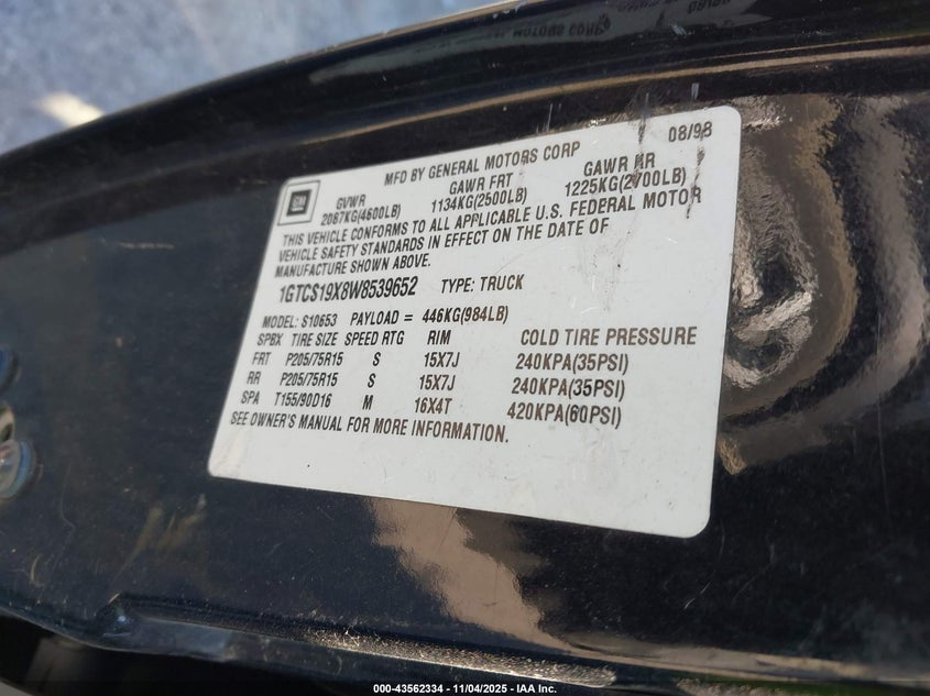 1998 GMC Sonoma Sls VIN: 1GTCS19X8W8539652 Lot: 43562334