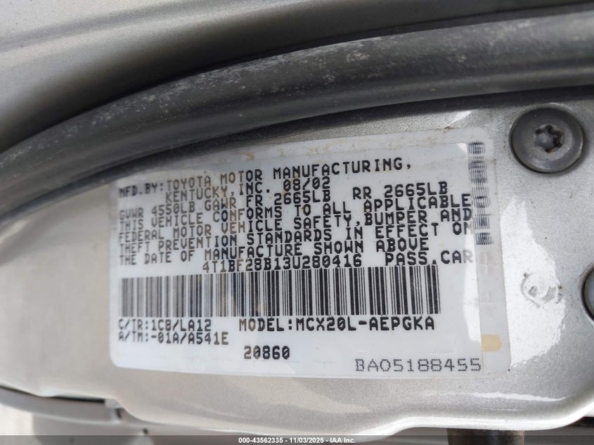 2003 Toyota Avalon Xls VIN: 4T1BF28B13U280416 Lot: 43562335