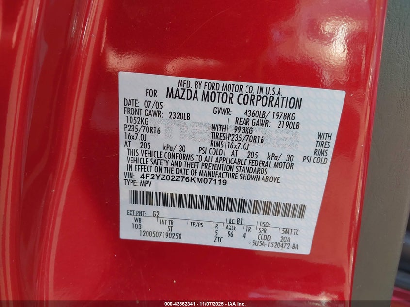 2006 Mazda Tribute I VIN: 4F2YZ02Z76KM07119 Lot: 43562341