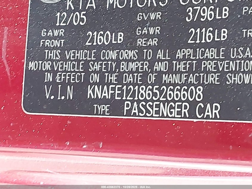 2006 Kia Spectra Ex/Lx/Sx VIN: KNAFE121865266608 Lot: 43562370