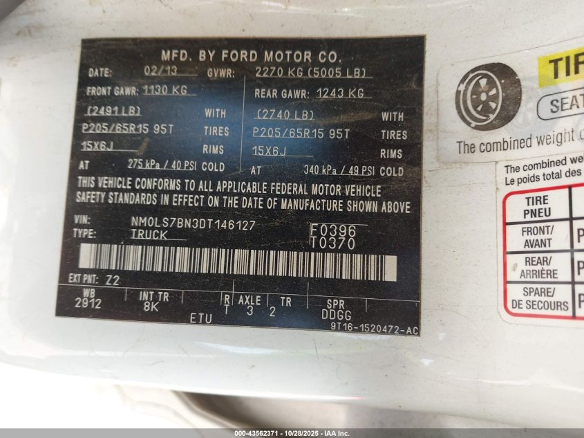 2013 Ford Transit Connect Xlt VIN: NM0LS7BN3DT146127 Lot: 43562371