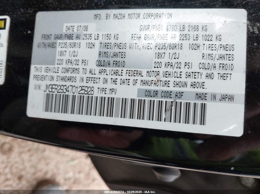 2007 Mazda Cx-7 Sport VIN: JM3ER293470125928 Lot: 43562374