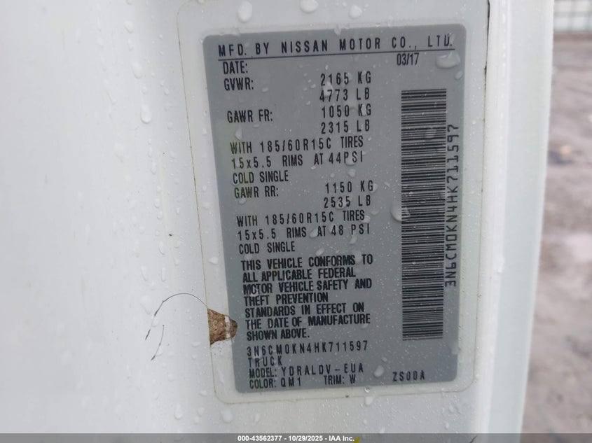 2017 Nissan Nv200 S VIN: 3N6CM0KN4HK711597 Lot: 43562377