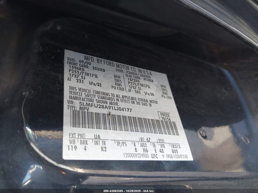 2001 Lincoln Navigator VIN: 5LMFU28A91LJ04177 Lot: 43562385