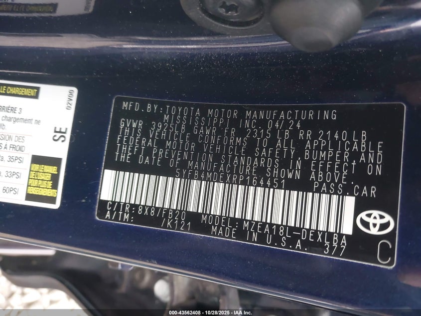 2024 TOYOTA COROLLA LE 5YFB4MDEXRP164451