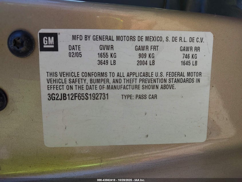 2005 Pontiac Sunfire VIN: 3G2JB12F65S192731 Lot: 43562418