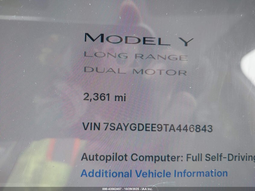 2026 Tesla Model Y Long Range Dual Motor All-Wheel Drive/Long Range Launch Series VIN: 7SAYGDEE9TA446843 Lot: 43562457