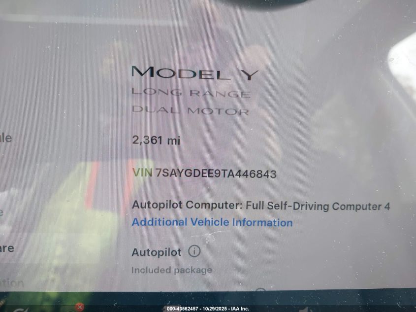 2026 Tesla Model Y Long Range Dual Motor All-Wheel Drive/Long Range Launch Series VIN: 7SAYGDEE9TA446843 Lot: 43562457