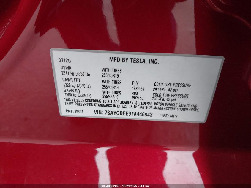 2026 Tesla Model Y Long Range Dual Motor All-Wheel Drive/Long Range Launch Series VIN: 7SAYGDEE9TA446843 Lot: 43562457