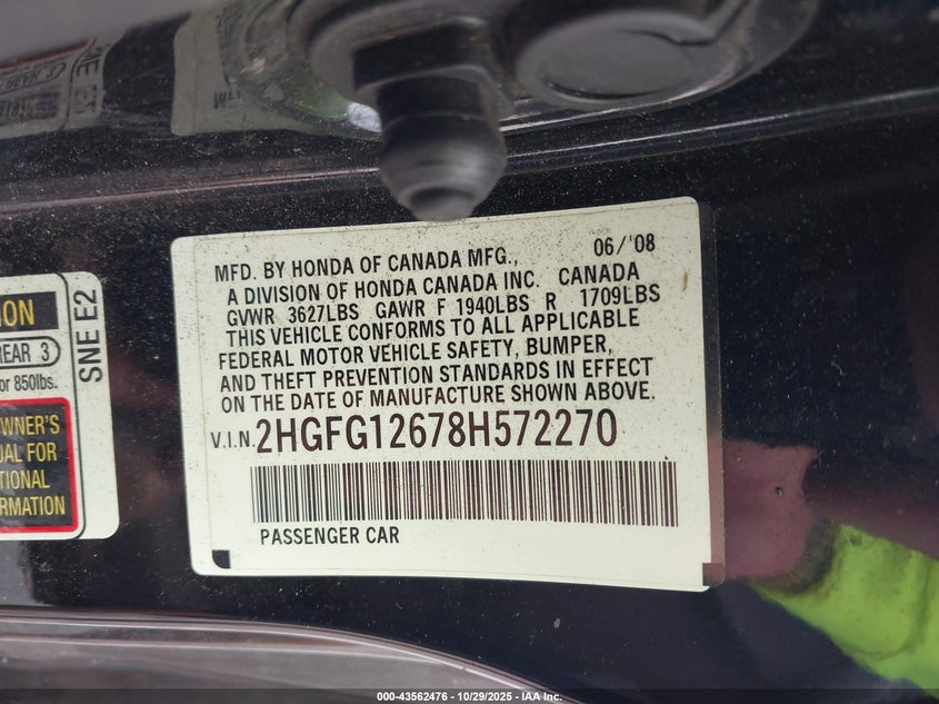 2008 Honda Civic Lx VIN: 2HGFG12678H572270 Lot: 43562476