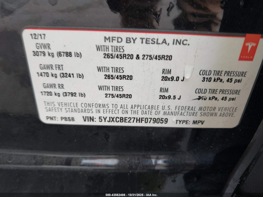 2017 Tesla Model X 100D/75D/90D VIN: 5YJXCBE27HF079059 Lot: 43562486