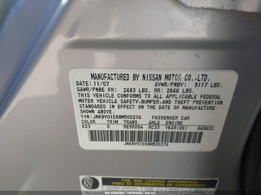 2008 Infiniti M45 VIN: JNKBY01E68M500274 Lot: 43562493