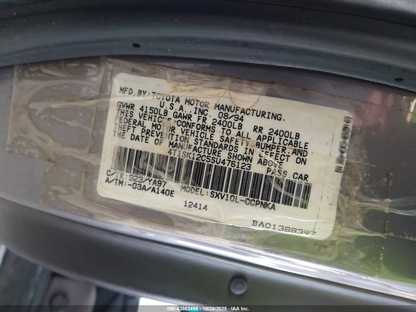 1995 Toyota Camry Le VIN: 4T1SK12C5SU476123 Lot: 43562496