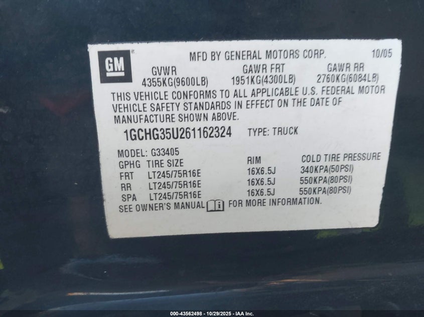 2006 Chevrolet Express Work Van VIN: 1GCHG35U261162324 Lot: 43562498