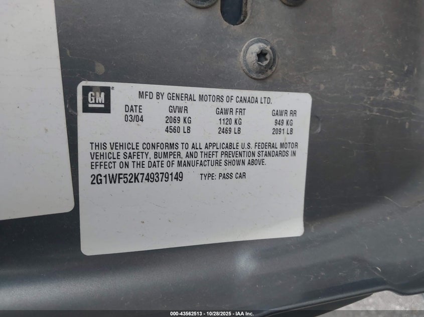 2004 Chevrolet Impala VIN: 2G1WF52K749379149 Lot: 43562513