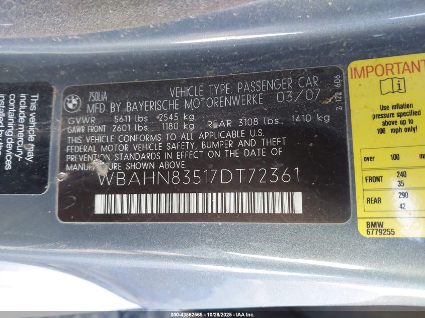 2007 BMW 750Li VIN: WBAHN83517DT72361 Lot: 43562565