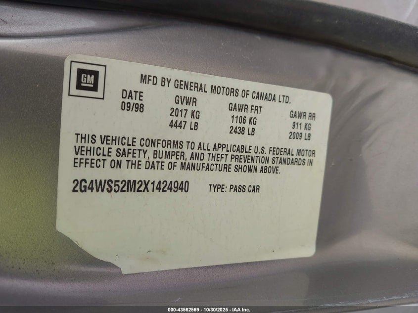 1999 Buick Century Custom VIN: 2G4WS52M2X1424940 Lot: 43562569