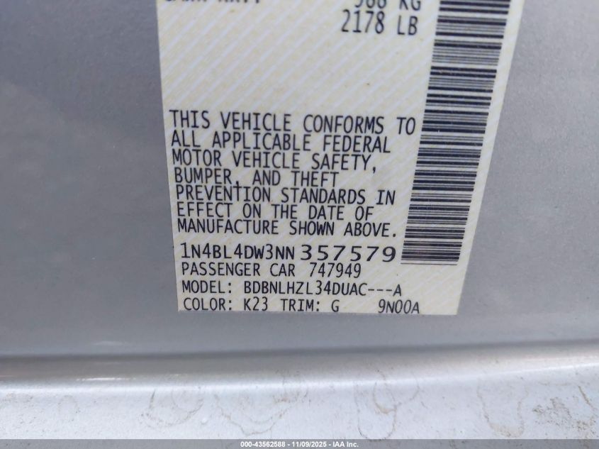 2022 Nissan Altima Sv Intelligent Awd VIN: 1N4BL4DW3NN357579 Lot: 43562588