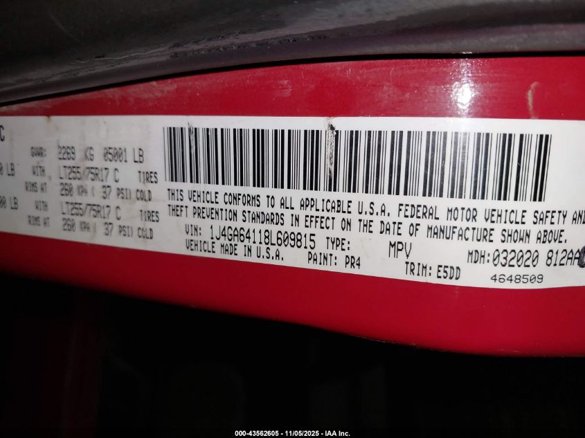 2008 Jeep Wrangler Rubicon VIN: 1J4GA64118L609815 Lot: 43562605