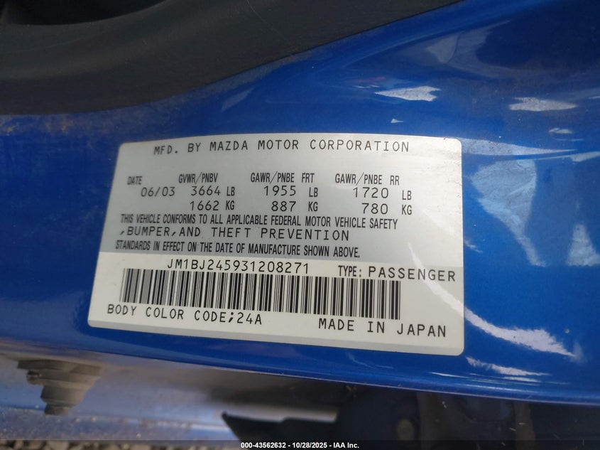 JM1BJ245931208271 2003 MAZDA PROTEGE photo no. 9