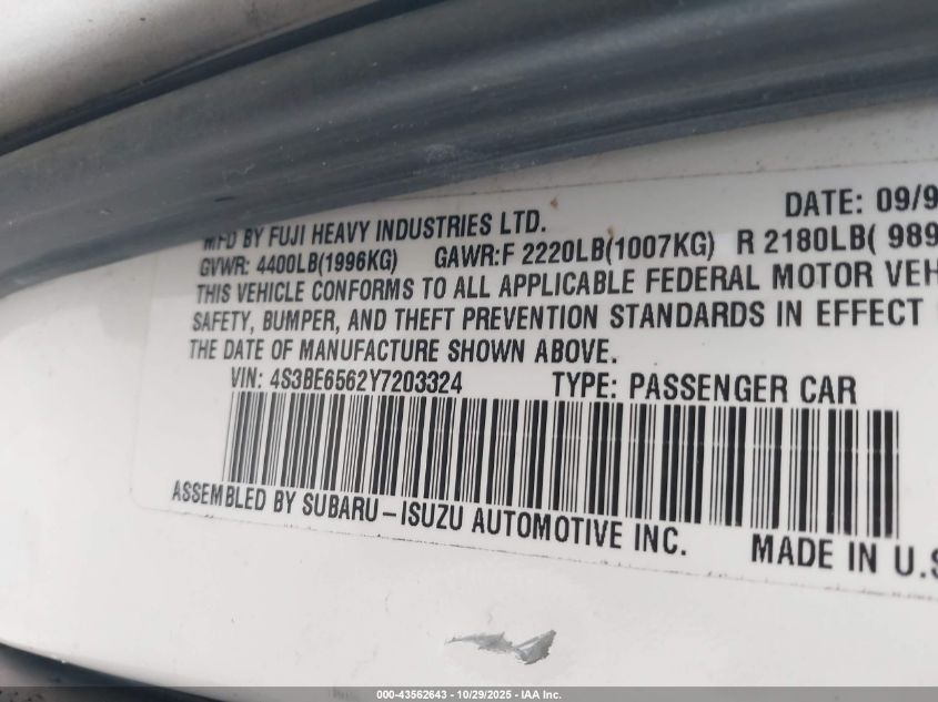 2000 Subaru Legacy Gt Limited VIN: 4S3BE6562Y7203324 Lot: 43562643