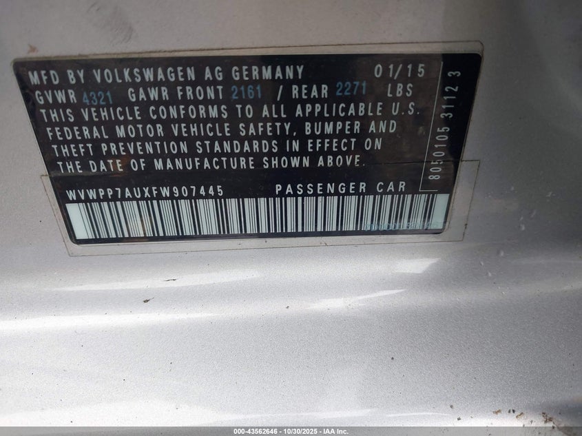 2015 Volkswagen E-Golf Sel Premium VIN: WVWPP7AUXFW907445 Lot: 43562646