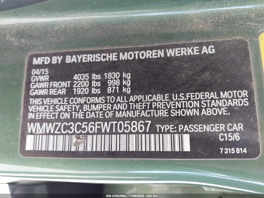 2015 Mini Countryman Cooper S VIN: WMWZC3C56FWT05867 Lot: 43562660