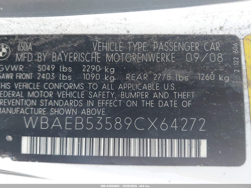 2009 BMW 650I VIN: WBAEB53589CX64272 Lot: 43562663