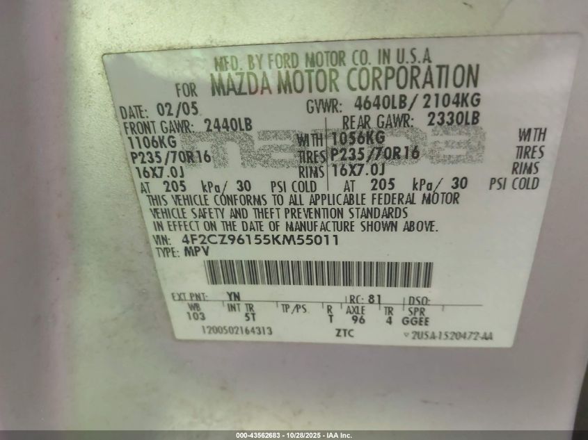 2005 Mazda Tribute S VIN: 4F2CZ96155KM55011 Lot: 43562683