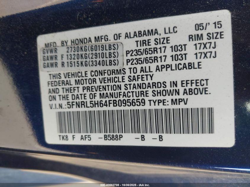 2015 Honda Odyssey Ex-L VIN: 5FNRL5H64FB095659 Lot: 43562708