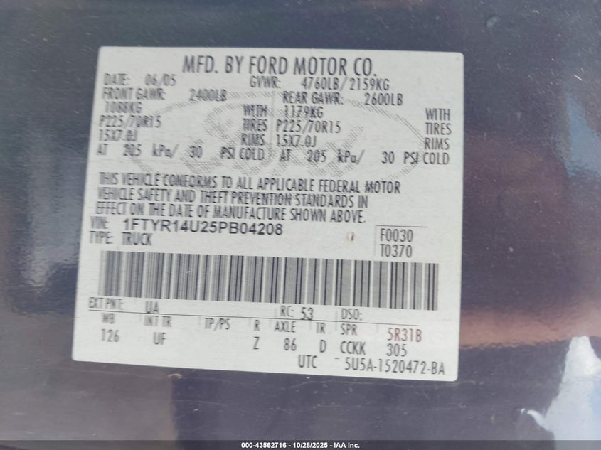 2005 Ford Ranger Edge/Stx/Xl/Xlt VIN: 1FTYR14U25PB04208 Lot: 43562716